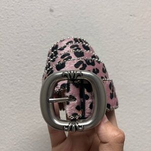 Pink Leopard Print Belt with Silver Buckle